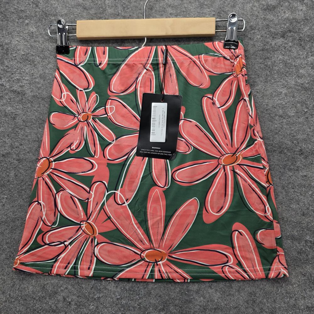 PrettyLittleThing Skirt Womens 6 Green Pink Daisy Floral Mini Stretchy Summer